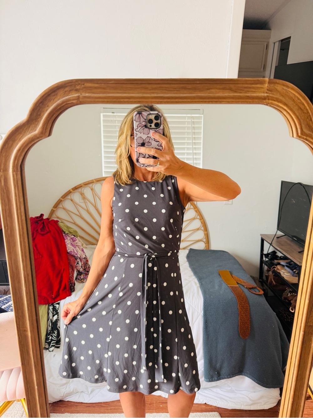 Anne Klein Grey Polka Dot Sleeveless Tie Waist Dress